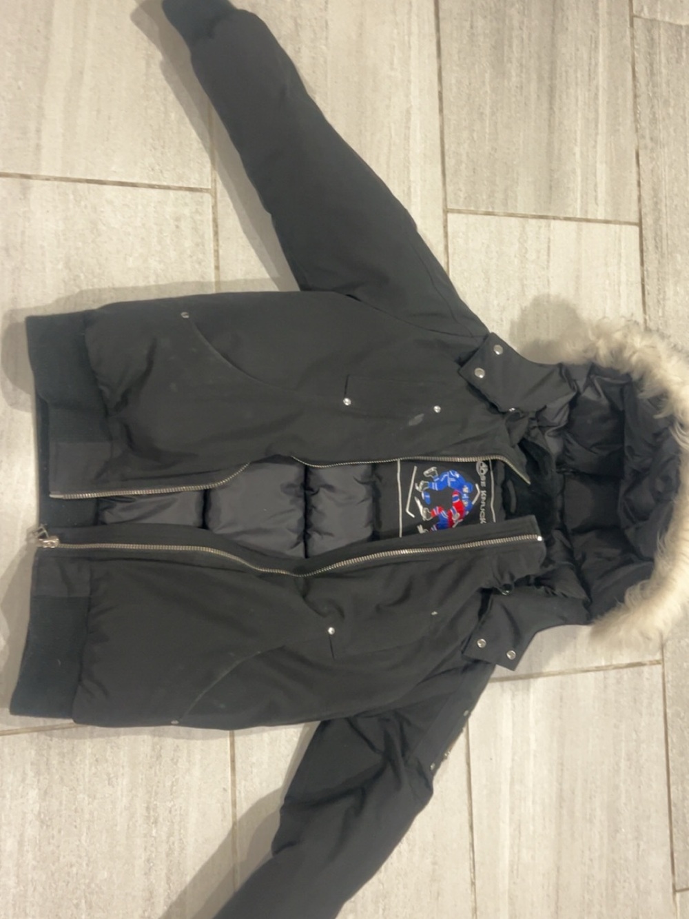 Moose Knuckles Black Hooded Puffer Jacket with Fur Trim